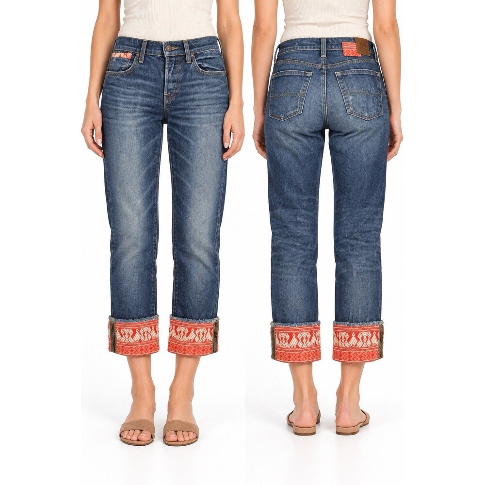 Lucky Brand Sienna Tomboy Crop Jeans Womens 2/26 Low Rise Boho Woven Cuff